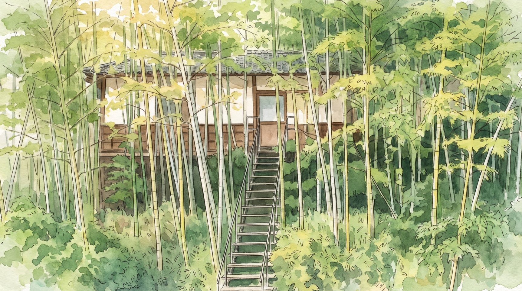 竹林の奥に佇む貸別荘へ続く階段
