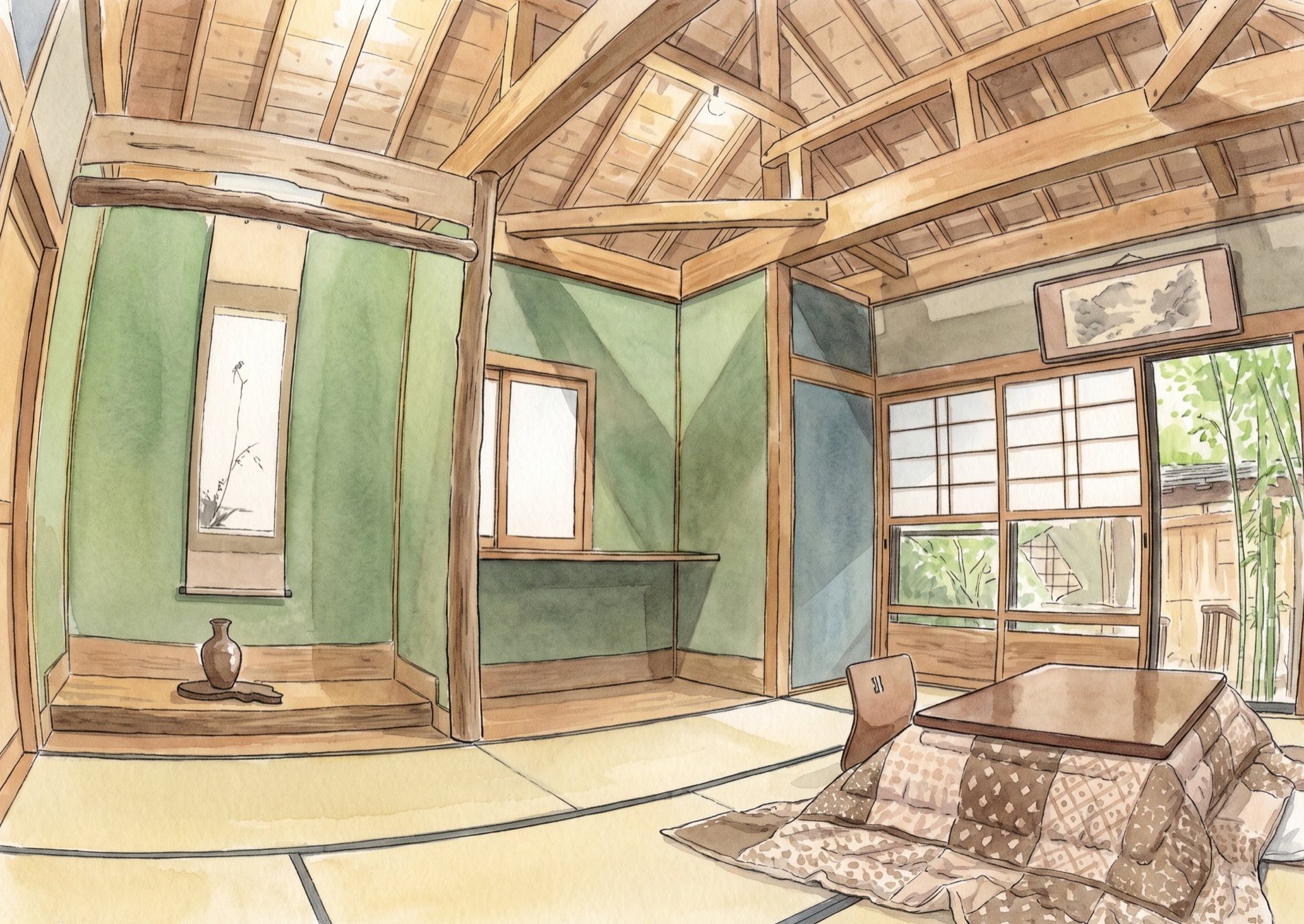 竹林を望む貸別荘の和室